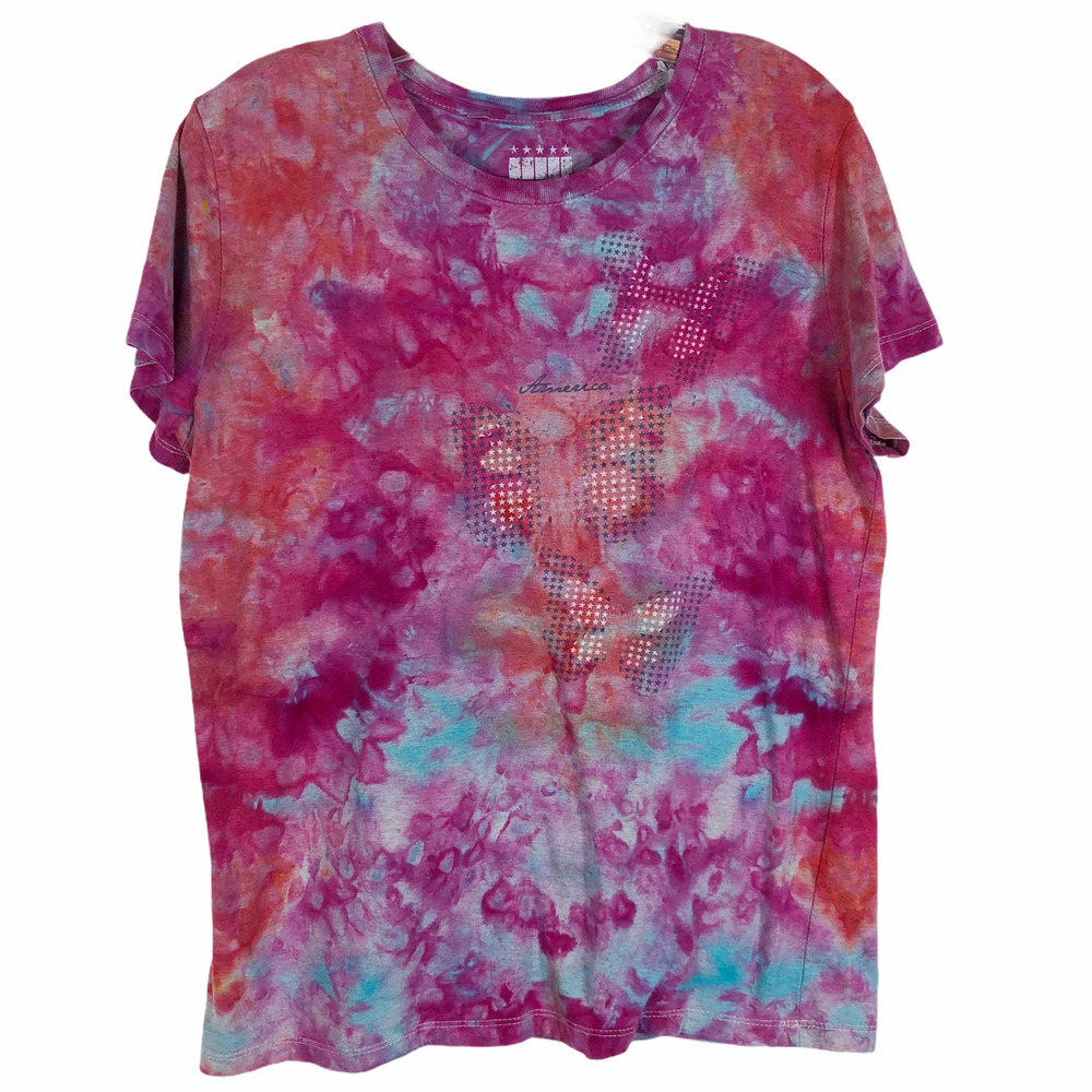 Tie Dye Size Large Tee Shirt Top Fly High Pink Blue Butterflies Handmade 1310 - Picture 1 of 9